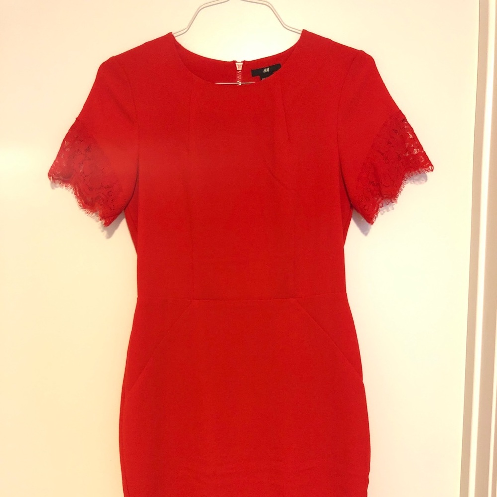 Red H&M dress with lace sleeves